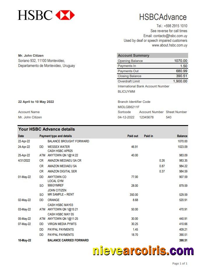 Uruguay HSBC bank statement